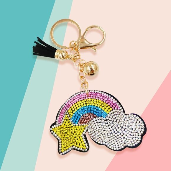 NEW Bling Bedazzled Star Cloud Rainbow Tassel Keychain - Picture 1 of 9